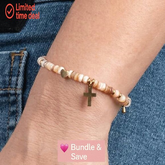 14k Gold Plated Shell Bead Bracelet with Cross Heart Charms Adjustable - Picture 7 of 7